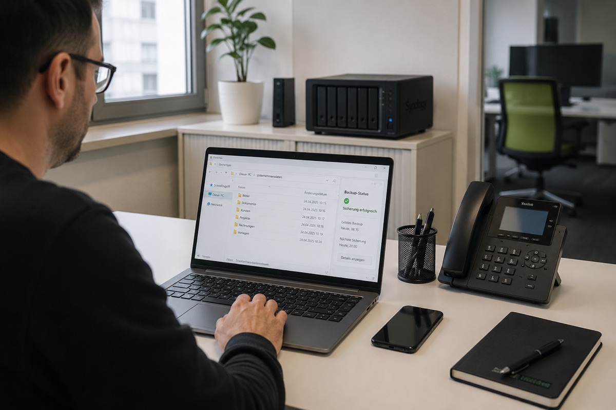 Arbeitsplatz mit zentralem Netzwerkspeicher und erfolgreicher Datensicherung